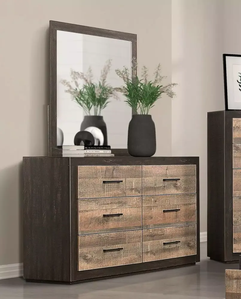 Contemporary 5pc Queen Platform Bed with Footboard Drawers Nightstand Dresser Mirror Chest Two-Tone Bedroom Set