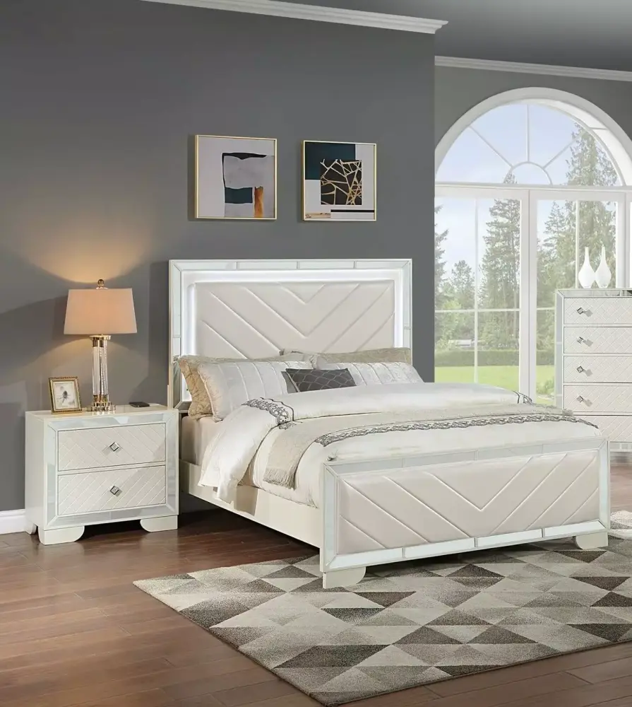 Modern 3pc Queen Size LED Panel Bed Set with 2 Nightstands Cream Faux Leather