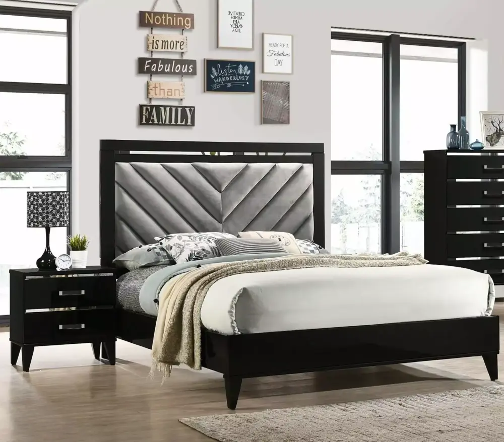 Modern Black Bedroom Set 3pc Queen Bed with Upholstered Headboard and Nightstands Chic Wooden Furniture