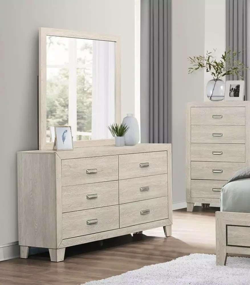 Modern Furniture 5pc Bedroom Panel Queen Bed with Dresser Mirror Nightstands Set Light Brown Furniture