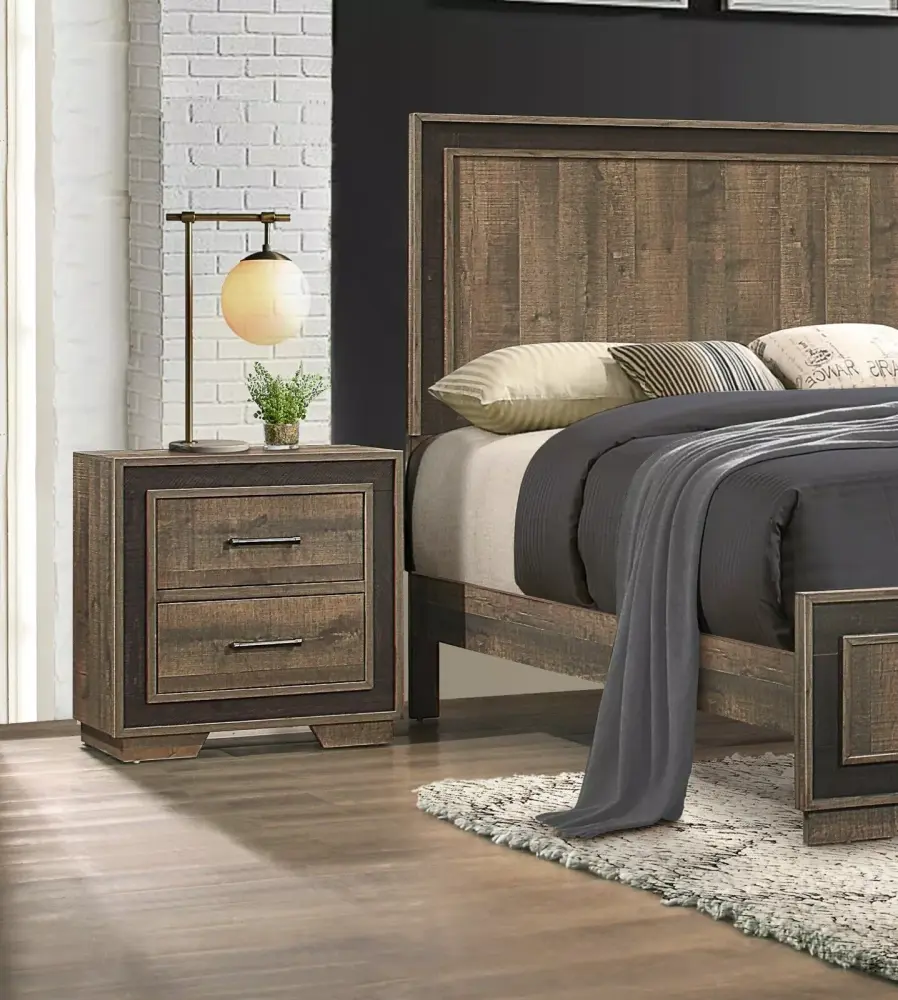 Traditional Two-Tone Finish 4pc Queen Size Bed Set with Nightstand Dresser Mirror Embossed Faux-Wood Furniture