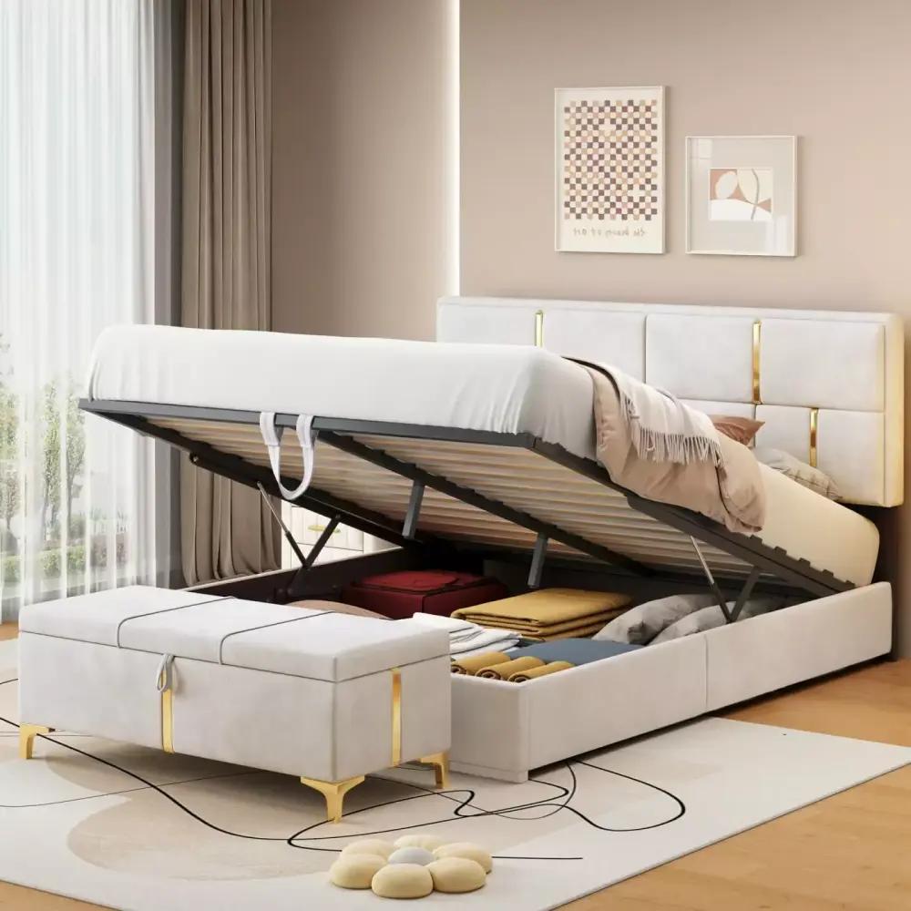 2-Piece Queen Size Upholstered Platform Bed Set with Hydraulic Storage and Beige Velvet Ottoman