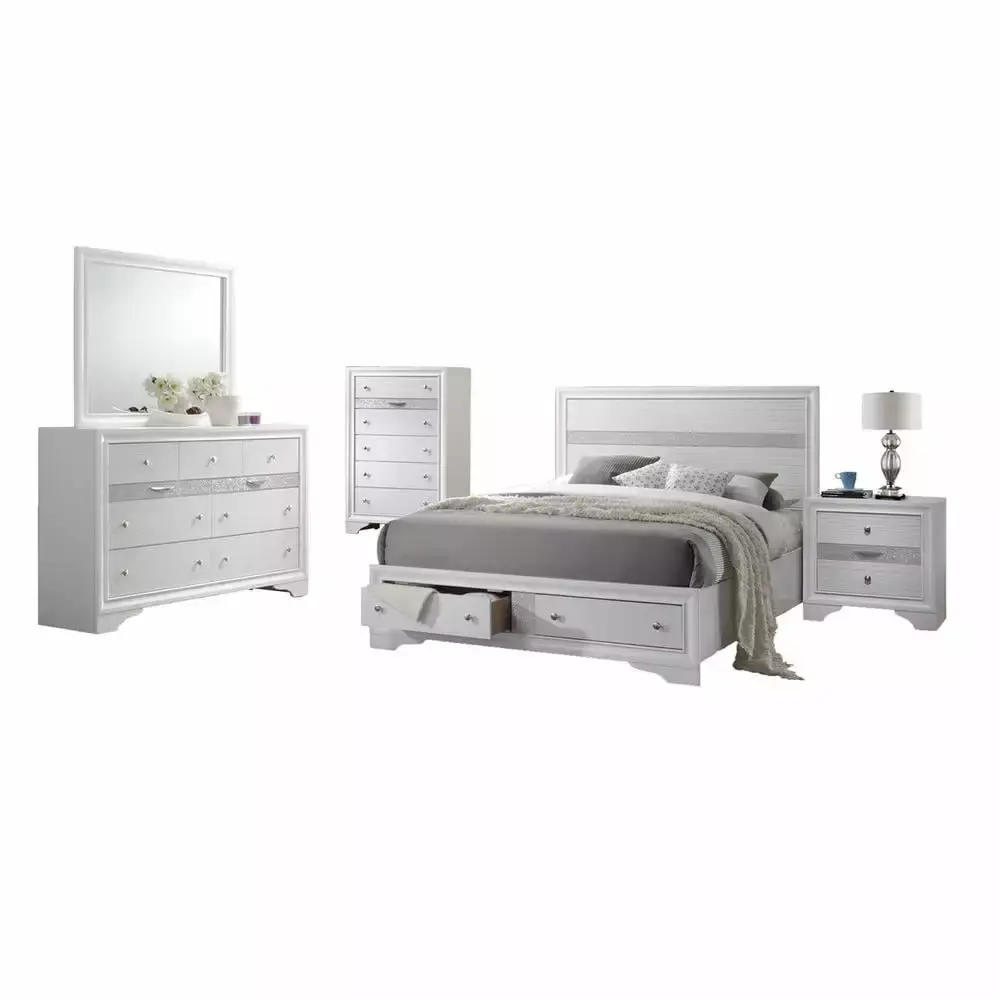 Chic White 5-Piece Queen Size Platform Bedroom Set with Dresser Mirror and Nightstands