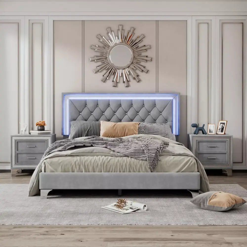 Complete Gray Bedroom Set Queen-Size Velvet Bed with LED Lights and Twin Nightstands for Opulent Bedroom