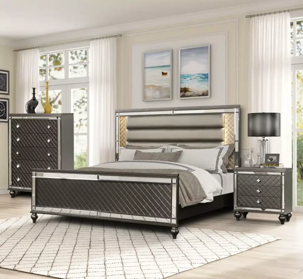 Beautiful 3pc Modern Queen Size LED Light HB Bed Chest Nightstand Set Charcoal Finish Furniture
