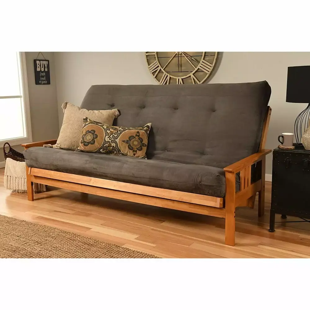 Homestock Eclectic Escape Futon Frame Queen Butternut Finish Suede Gray Mattress