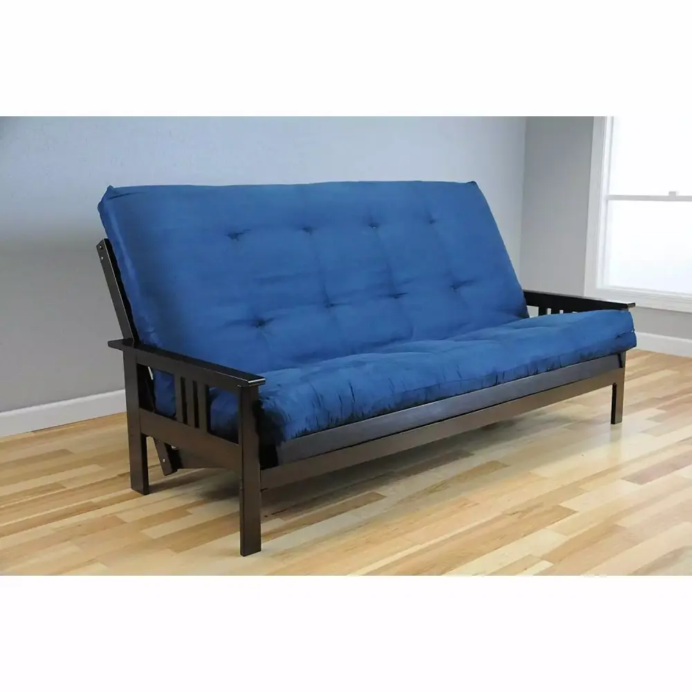 Homestock Rustic Refinement Queen Futon Frame with Espresso Finish and Suede Navy Mattress