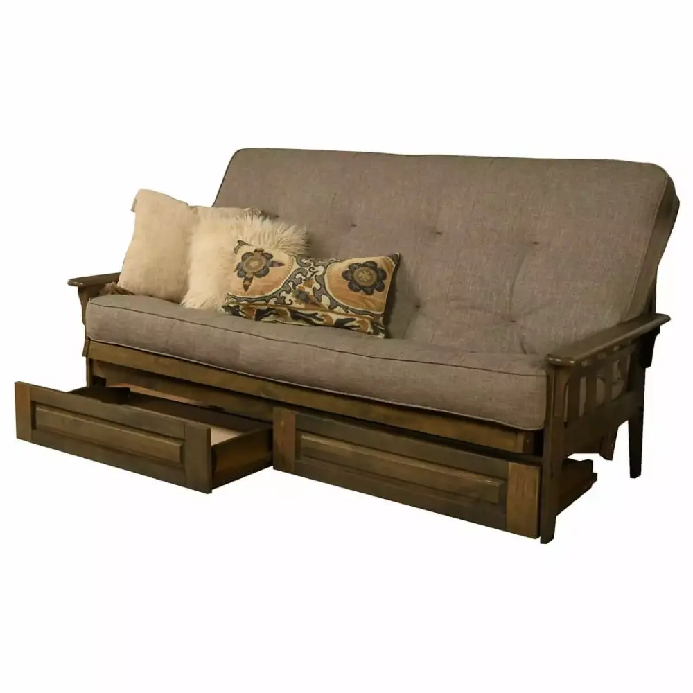 Bowery Hill Queen-size Wood Storage Futon with Linen Stone Mattress
