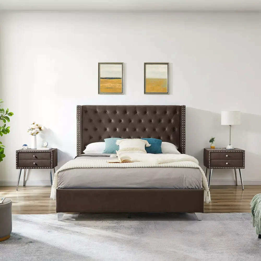 Wood Slat Support Platform Frame with Metal Support Feet Tufted Button Nailhead Wingback Bed and 2 Nightstands - Brown Queen