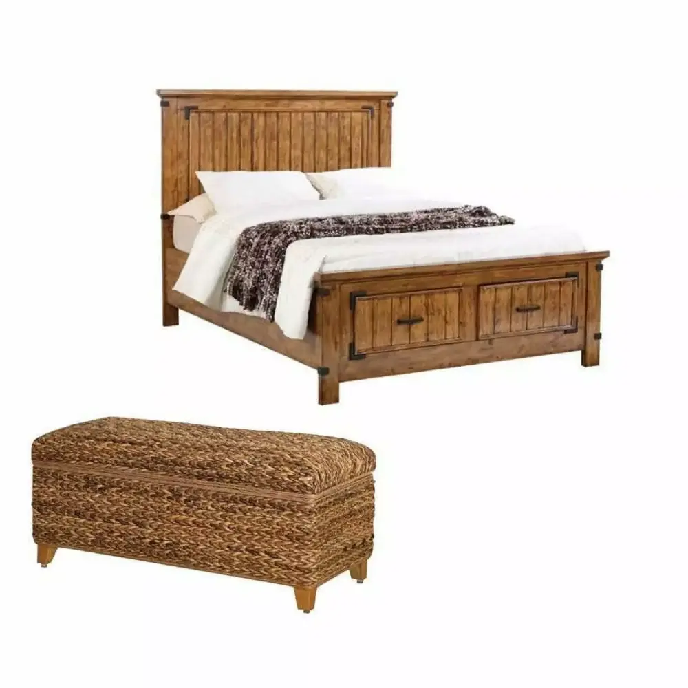 2 Piece Bedroom Set Queen Panel Bed and Bench in Natural and Honey Finish