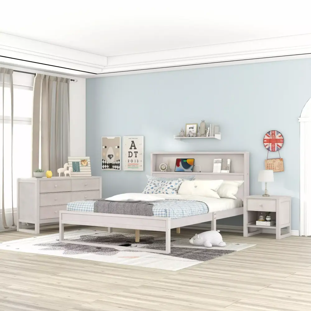3-Piece Queen Size Bedroom Set with Platform Bed Nightstand and Dresser in Antique White