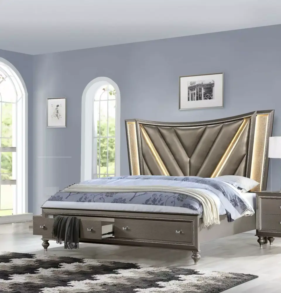 3pc Luxury Queen Size LED Bed Set with 2 Nightstands in Charcoal Finish Solid Wood