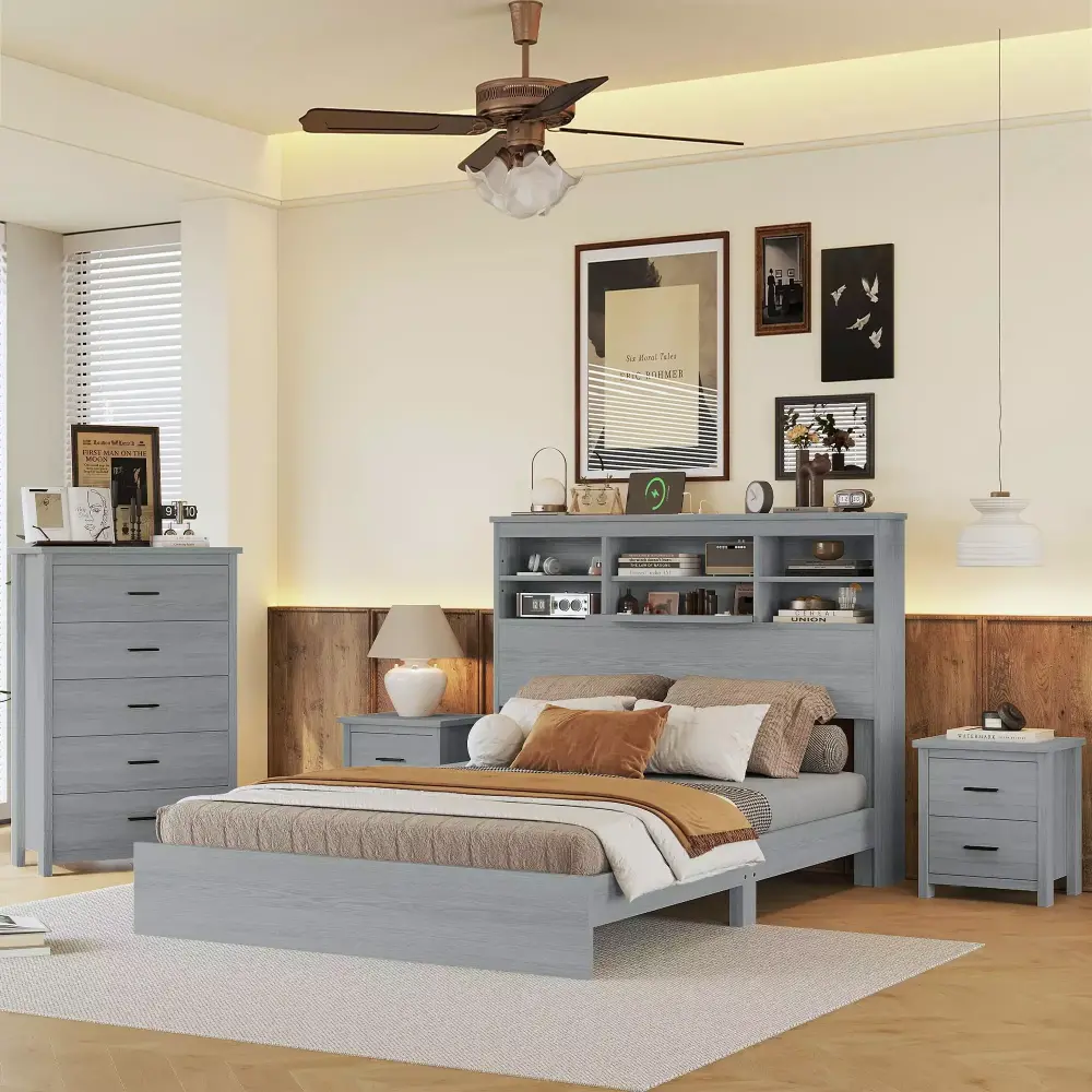 4-Piece Queen Size Vintage Wooden Bedroom Set with 2 Nightstands and Dresser in Light Gray - Classic Design