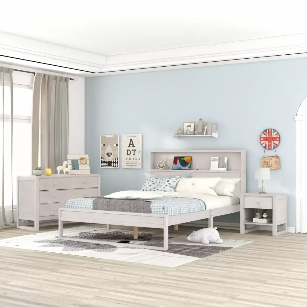 Antique White 3-Piece Queen Bedroom Set with Platform Bed, Dresser, Nightstand - Solid Wood Elegant Design