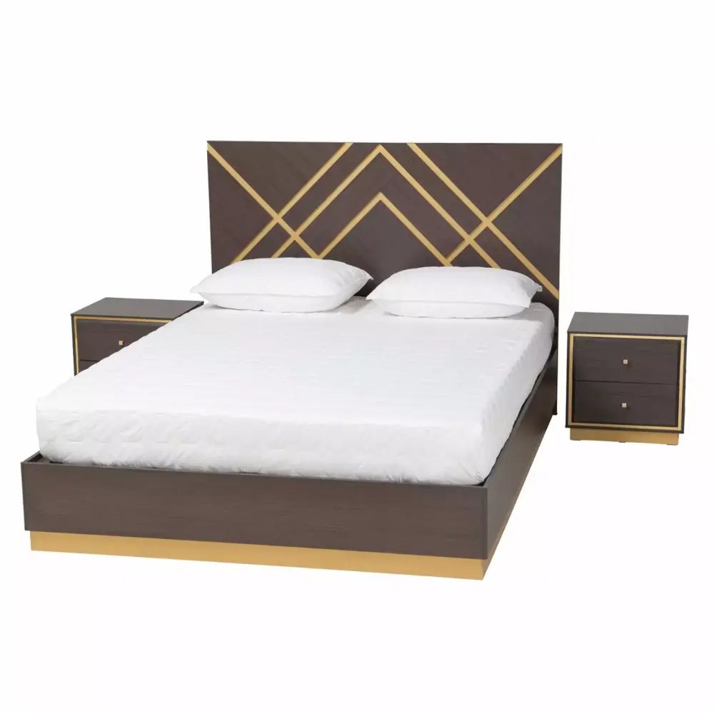 Baxton Studio Arcelia Queen Size 3-Piece Bedroom Set in Dark Brown and Gold Wood