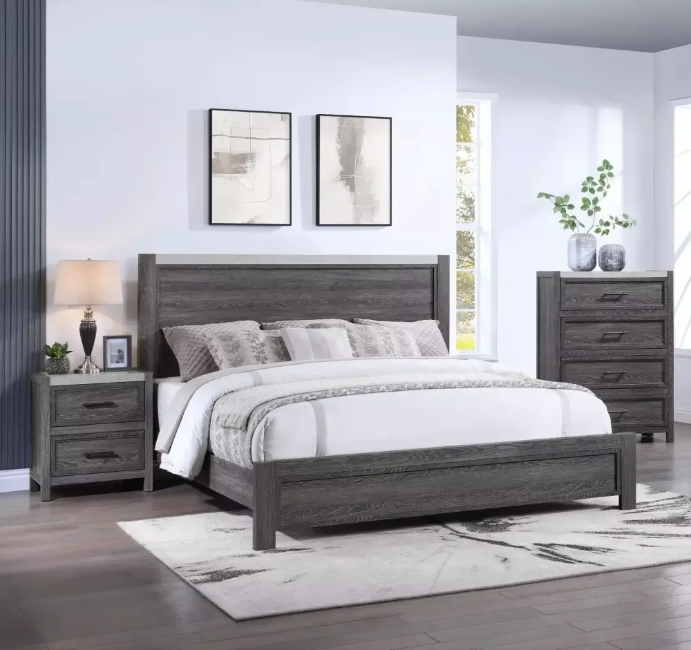 Beautiful 3-Piece Queen Size Dark Gray Panel Bedroom Set with Chest and Nightstand