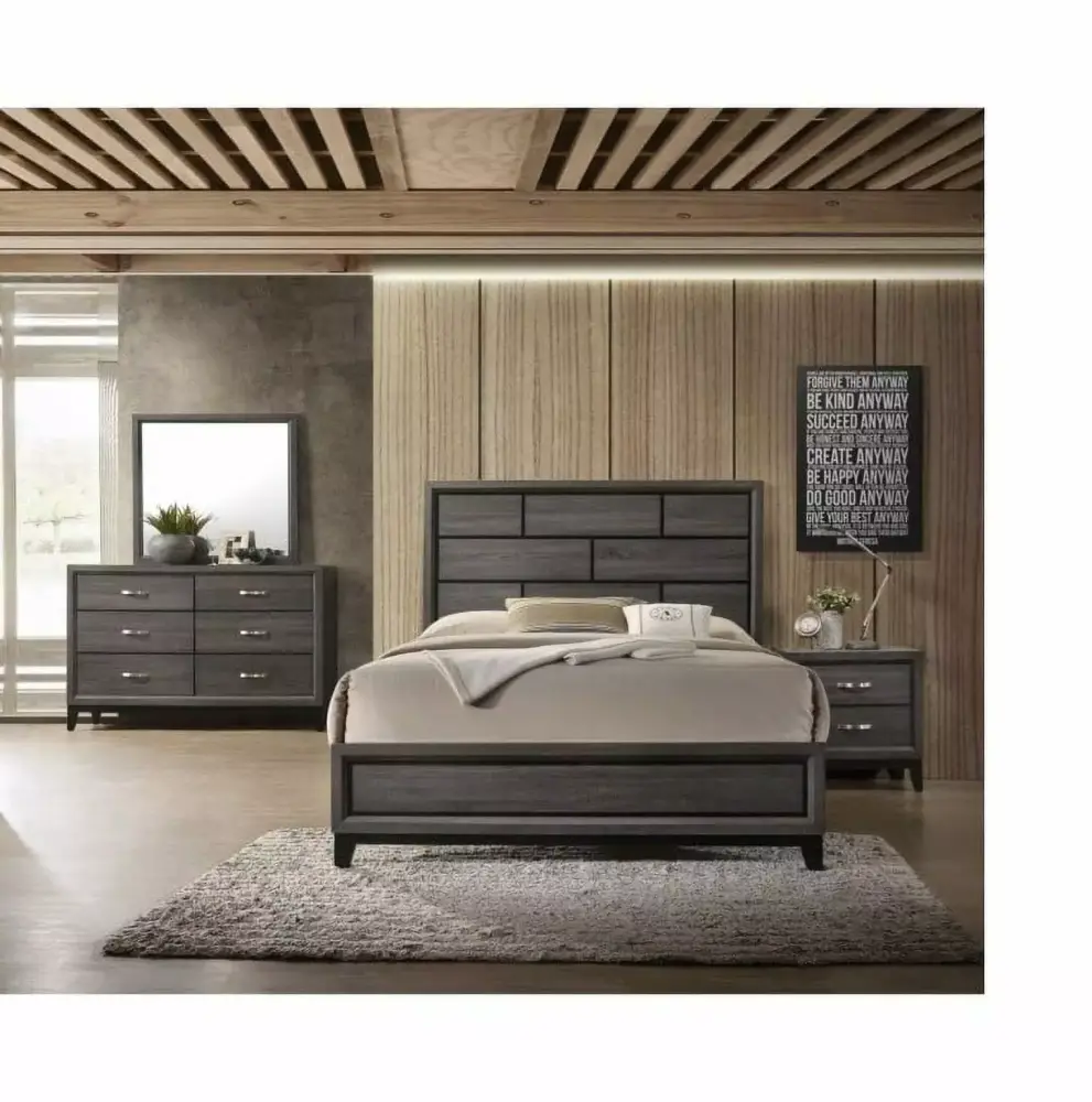 Contemporary 4pc Queen Size Bedroom Set Grey Finish with Bed Dresser Mirror Nightstand