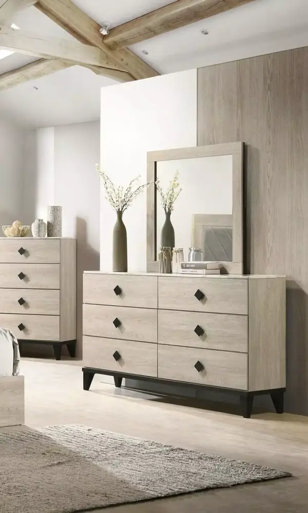 Timeless Transitional Cream 6pc Queen Size Bedroom Set with Upholstered HB and Wooden Furniture