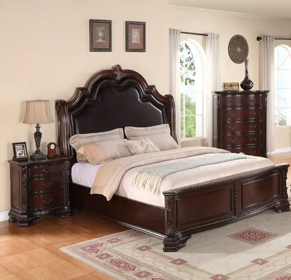 Traditional Formal 3Pc Queen Size Bed Chest Nightstand Set Brown Faux Leather Bedroom Furniture
