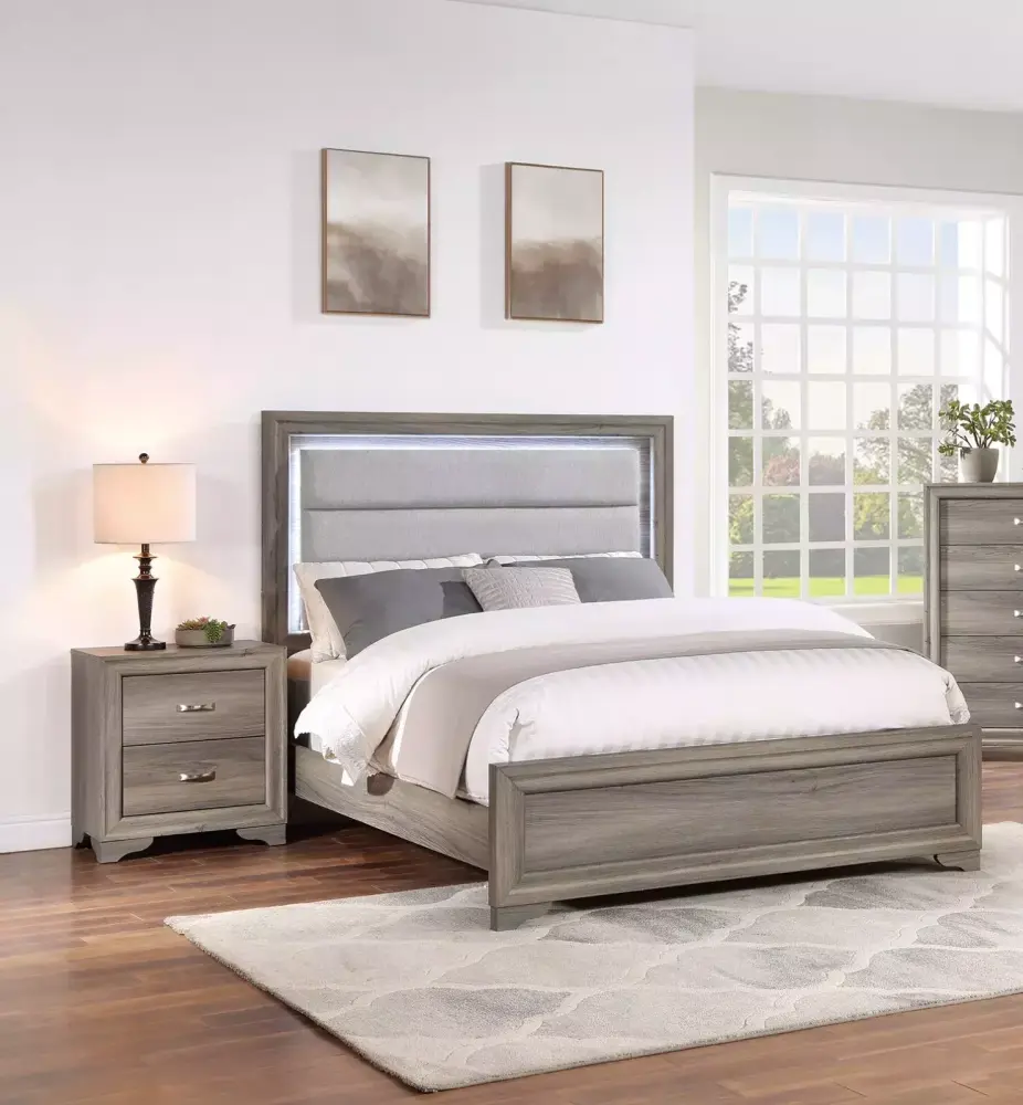 Transitional Style 3pc Queen Size Bedroom Set Light Brown Burlap Upholstered Headboard Nightstand
