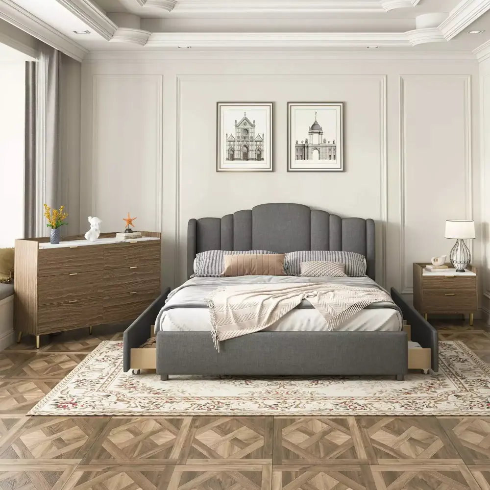 3pc Queen Upholstered Platform Bed Set with Marble Top Nightstand and Dresser in Gray
