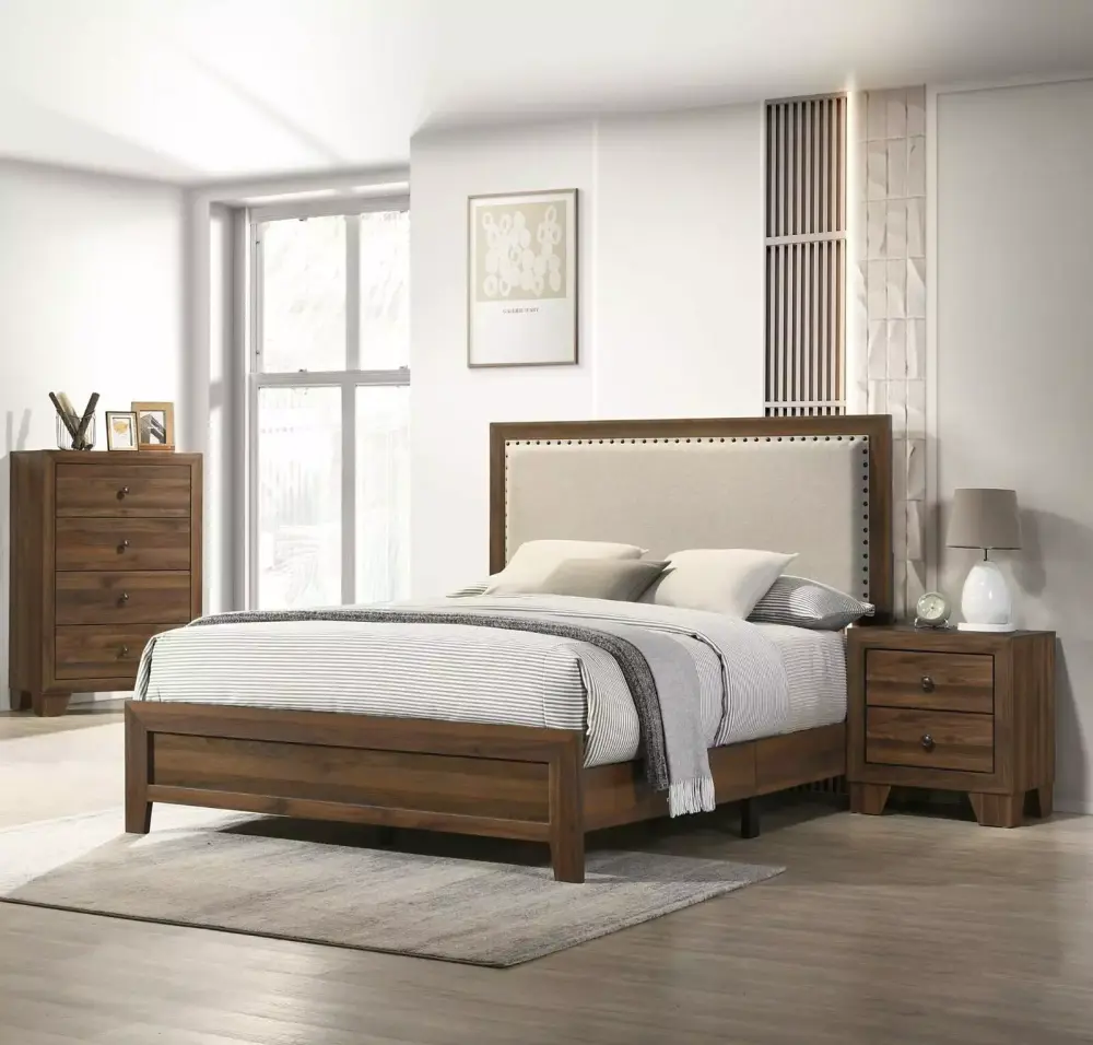 Beautiful 3-Piece Queen Size Panel Bedroom Set in Brown Cherry Finish with Nightstand and Chest