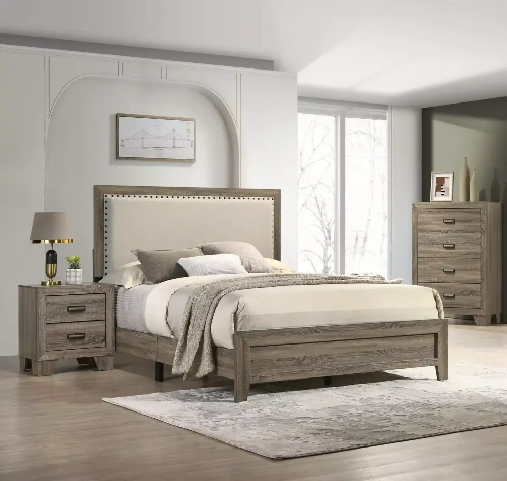 Beautiful 3-Piece Queen Size Panel Bedroom Set in Gray Finish with Nightstand and Chest