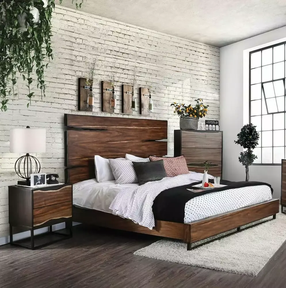 Dark Walnut & Dark Oak Solid Wood Queen Bedroom Set 3pcs FOA CM7363 Fulton - Rustic Bedroom Furniture