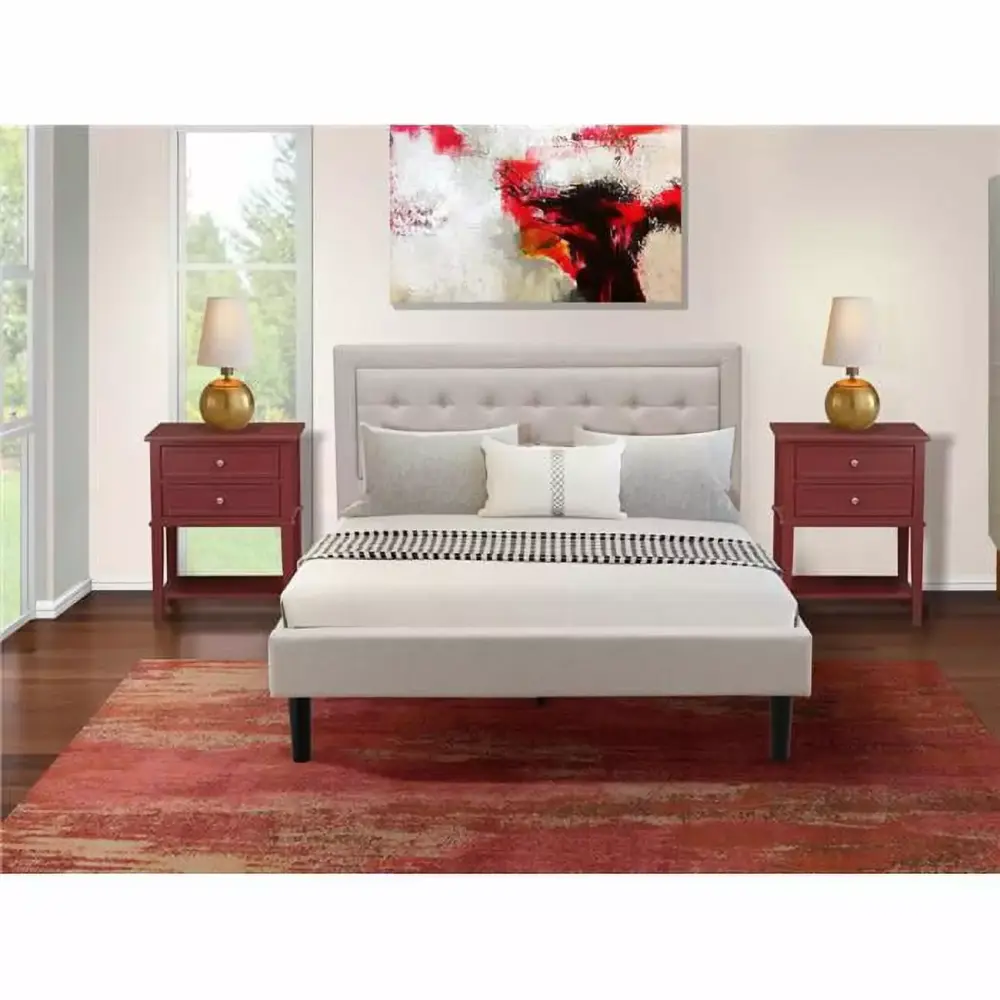 East West Furniture 3-piece Wood Fannin Queen Bedroom Set in Mist Beige Burgundy