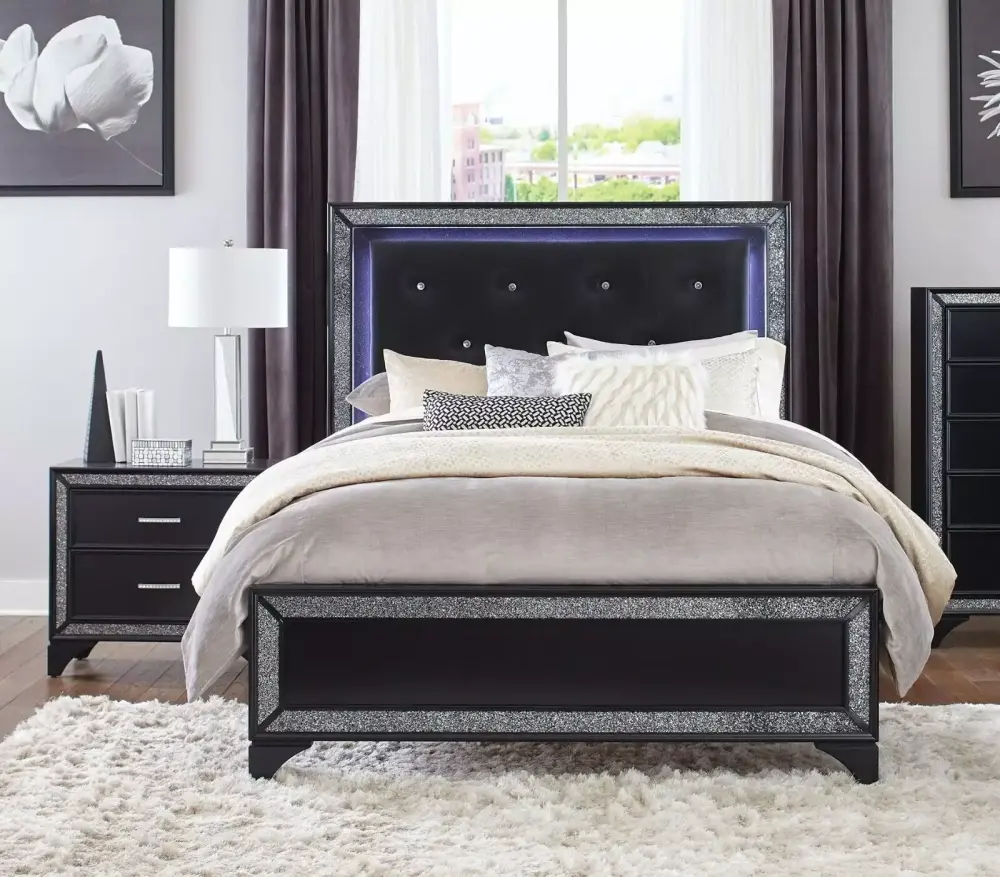 Modern 3-Piece Queen Bedroom Set with LED Headboard and Pearl Black Nightstands