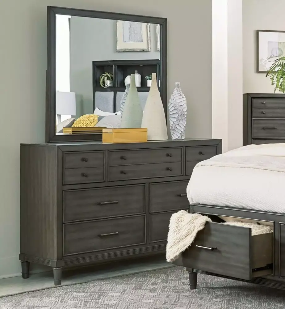 Modern 4pc Queen Bedroom Set with LED Headboard Bookshelves Nightstand Dresser Mirror