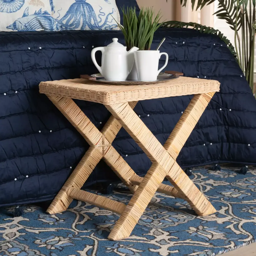 bali & pari Farica Rattan Mahogany Wood BOHO Bench Natural Brown