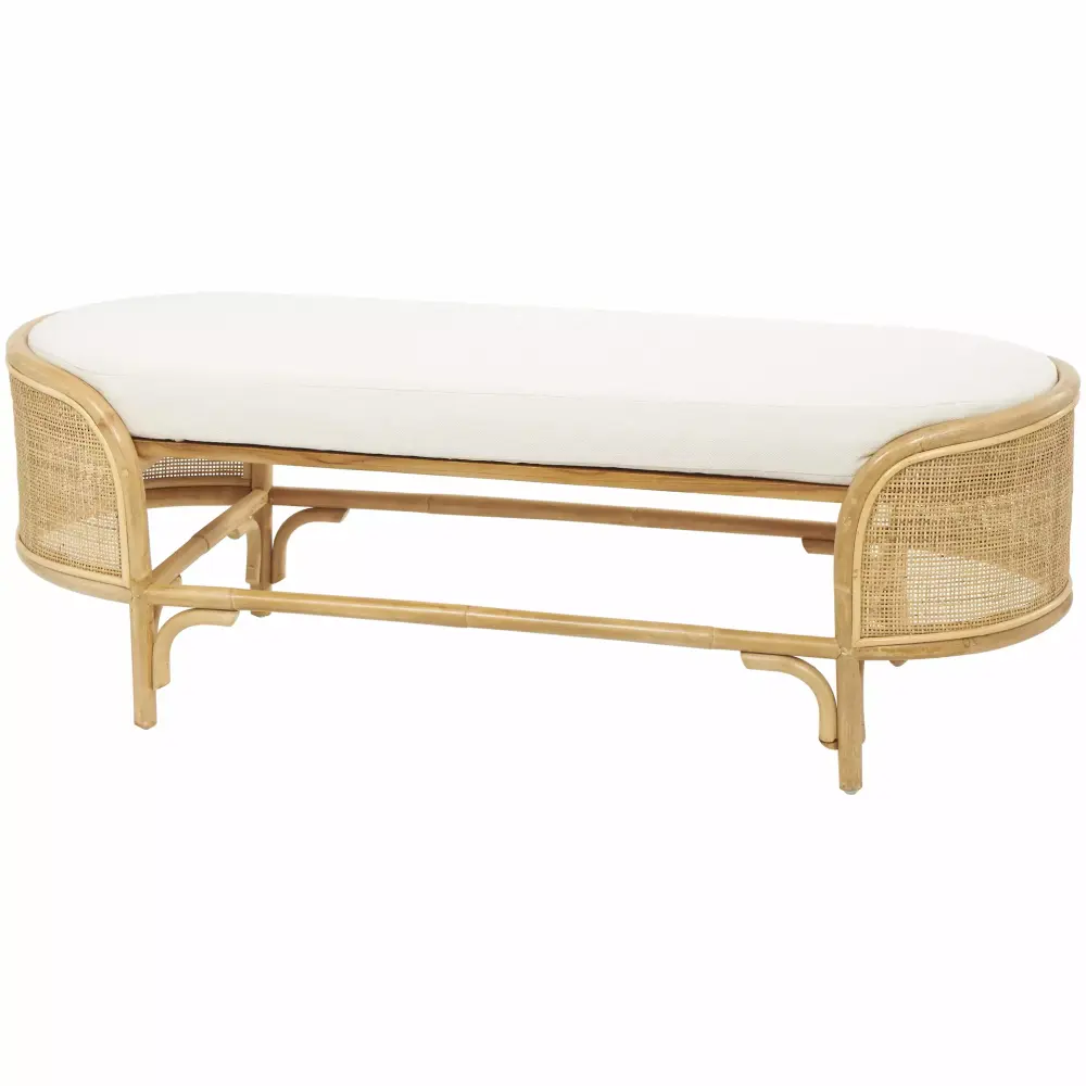 DecMode Rattan Handmade Oval Bench with White Fabric Cushion Brown Boho Style