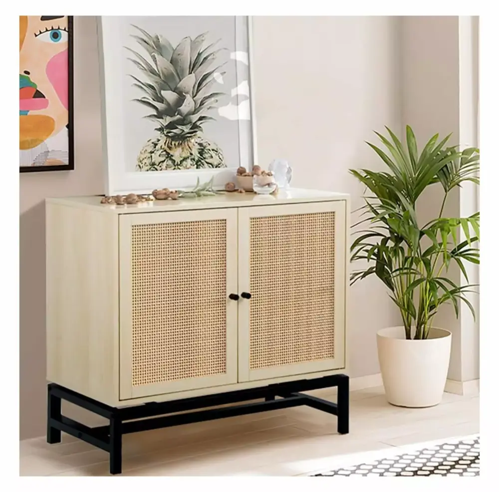 ZHOUJIA Rattan Sideboard Buffet Cabinet with 2 Doors and Adjustable Shelves for Dining Room Bedroom