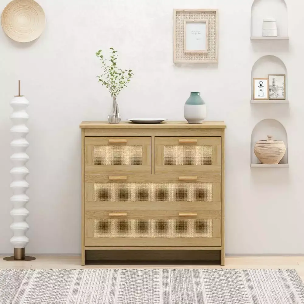 4 Drawers Rattan Cabinet for Bedroom Living Room Dining Room Hallways Easy Assembly