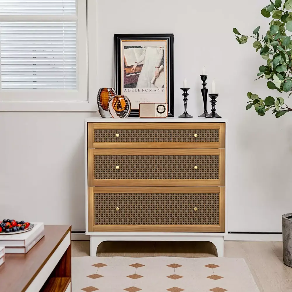 Costway 3-Drawer Rattan Dresser Modern Closet Chest Storage Cabinet Living Room Entryway