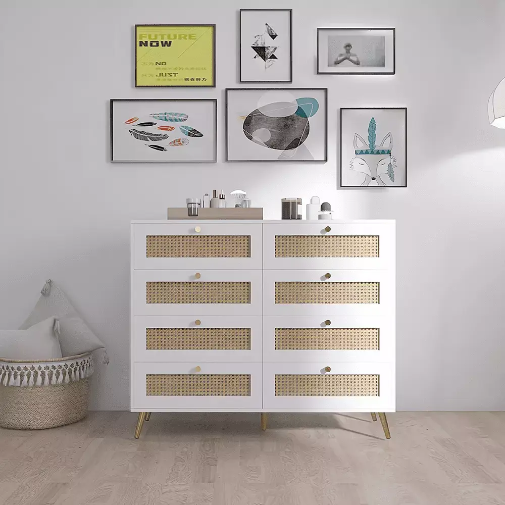 Canddidliike 8-Drawer Chest of Drawers White with Rattan Details