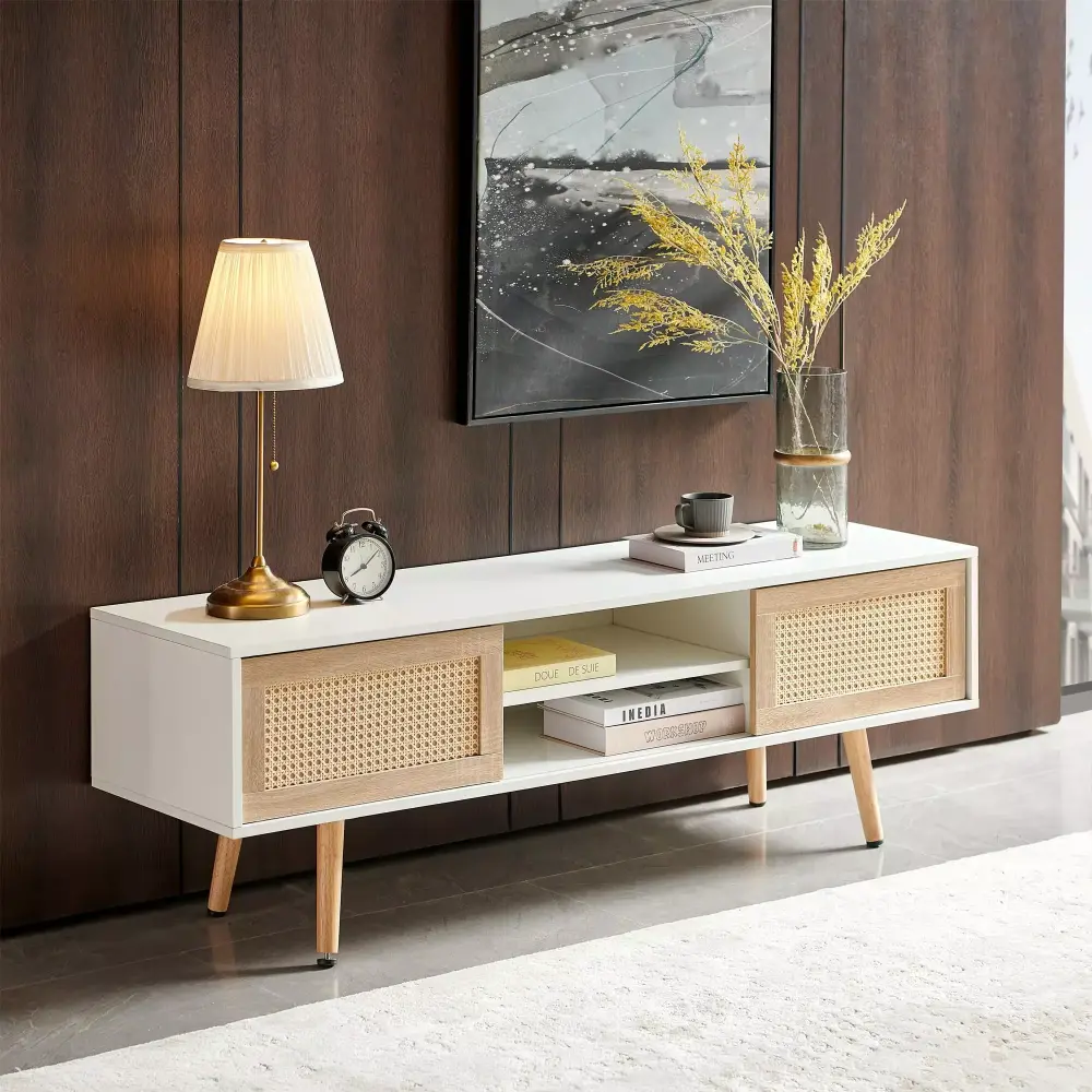 Jolly Jaunts Rattan Coffee Table 41.34 Inch Mid Century Modern Sofa Table with Sliding Door