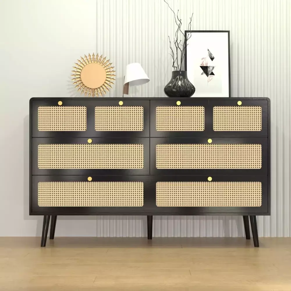 6 Drawer Rattan Dresser with Metal Handles for Entryway and Living Room