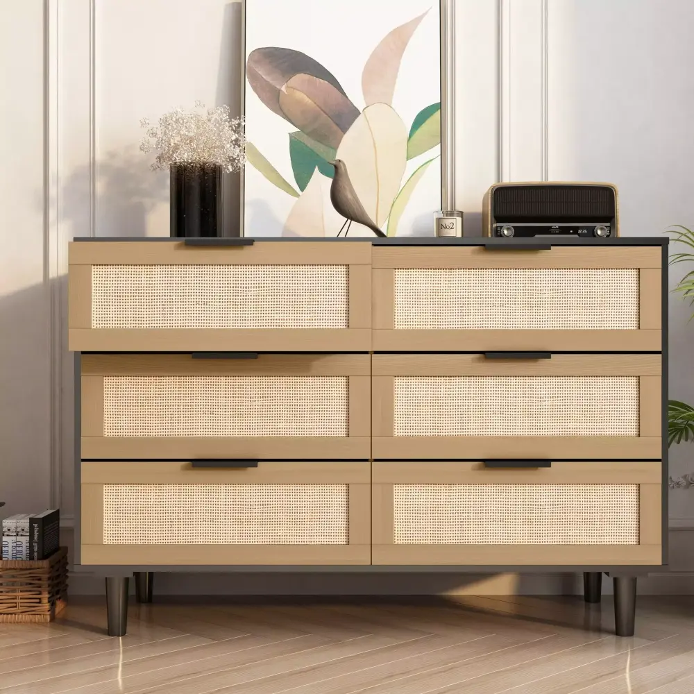 Black Rattan Drawer Dresser with 6 Drawers - Perfect for Bedroom or Living Room