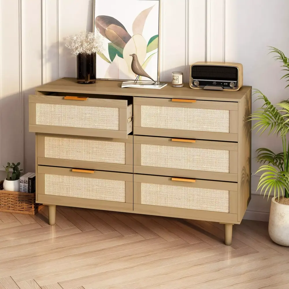 Rattan Drawer Dresser with 6 Drawers - Perfect for Bedroom and Living Room Storage
