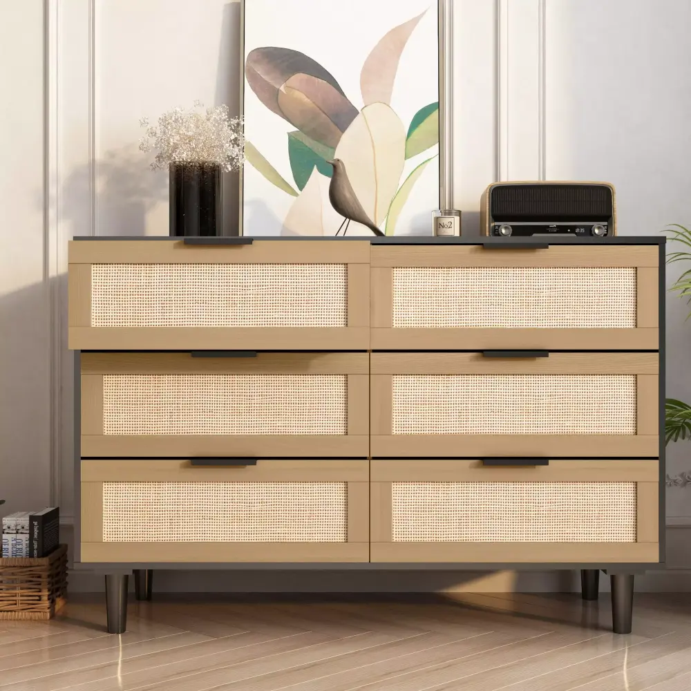 Poutilizeayar 6 Drawers Rattan Dresser in Black for Bedroom Living Room