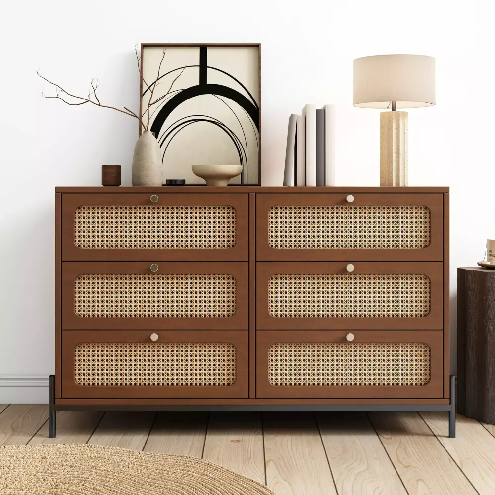 CoSoTower Modern Cannage Rattan Wood Closet 6-Drawer Dresser in Walnut - Elegant Storage Cabinet for Any Room