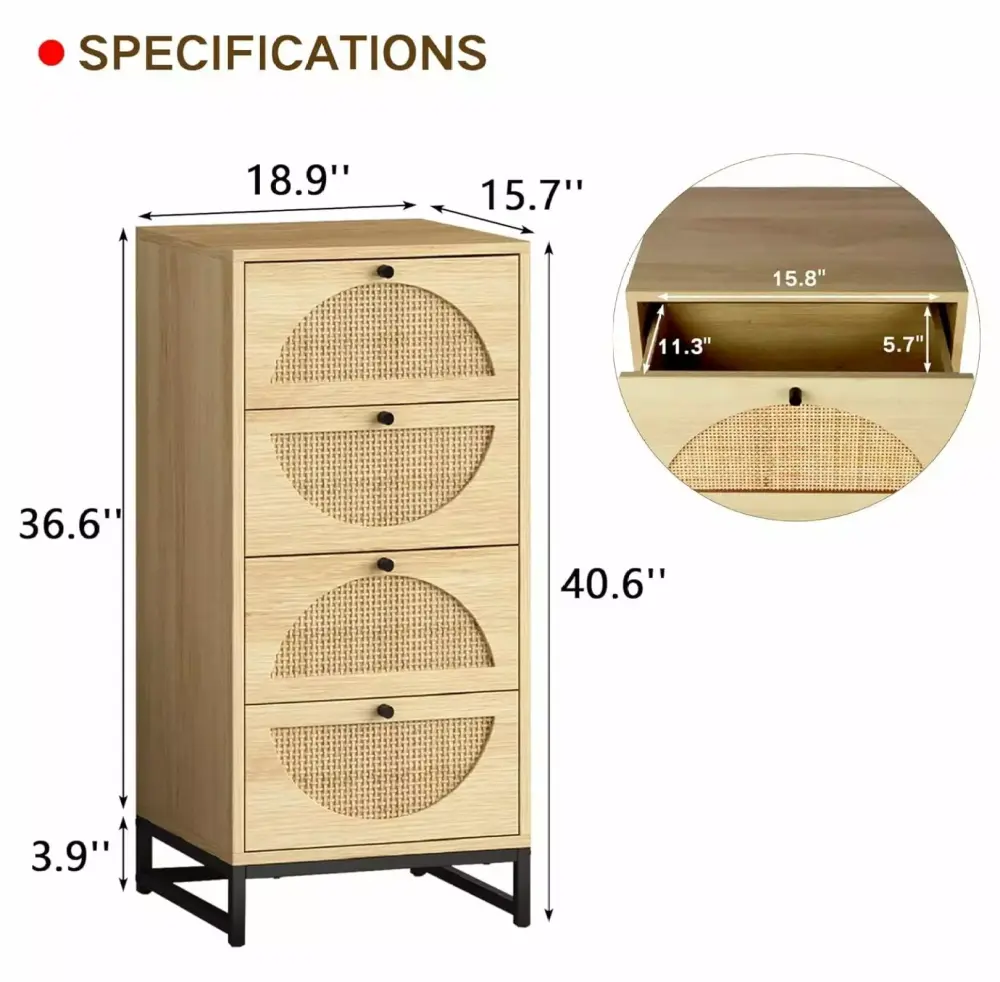 HeSLehs Natural Rattan 4 Drawer Dresser with Metal Legs for Living Room or Bedroom