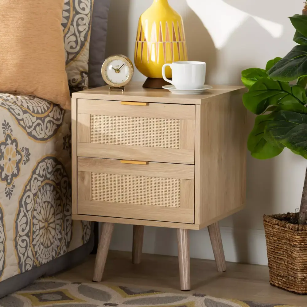 Baxton Studio Baird Mid Century Modern Light Oak Brown Wood Rattan 2 Drawer End Table
