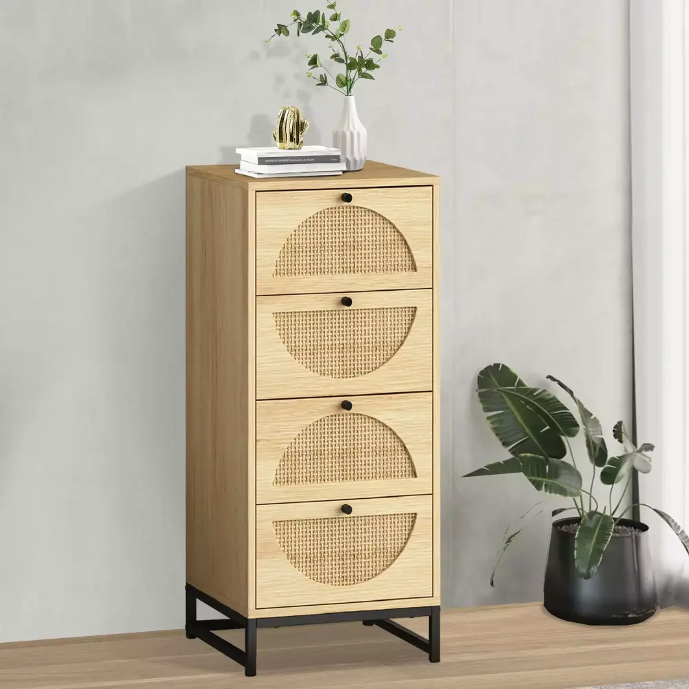 AWQM Rattan Cabinet with 4 Drawers Tall Wooden Bedside Table with Metal Base