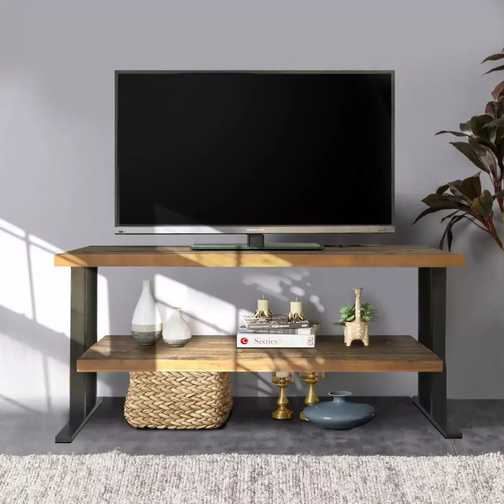 Media Console Table with One Shelf Natural Reclaimed Wood and Black Finish