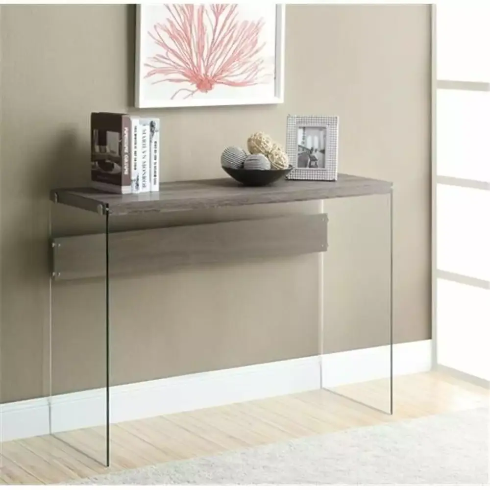 Monarch Specialties Dark Taupe Reclaimed-Look Sofa Table with Tempered Glass