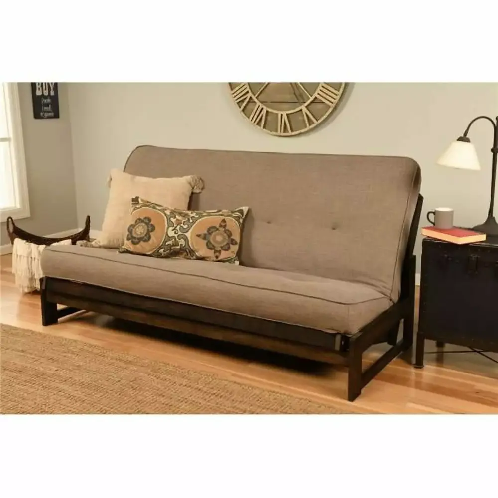 Aspen Reclaim Mocha Futon Frame with Linen Stone Mattress - Full Size Convertible Sofa Bed