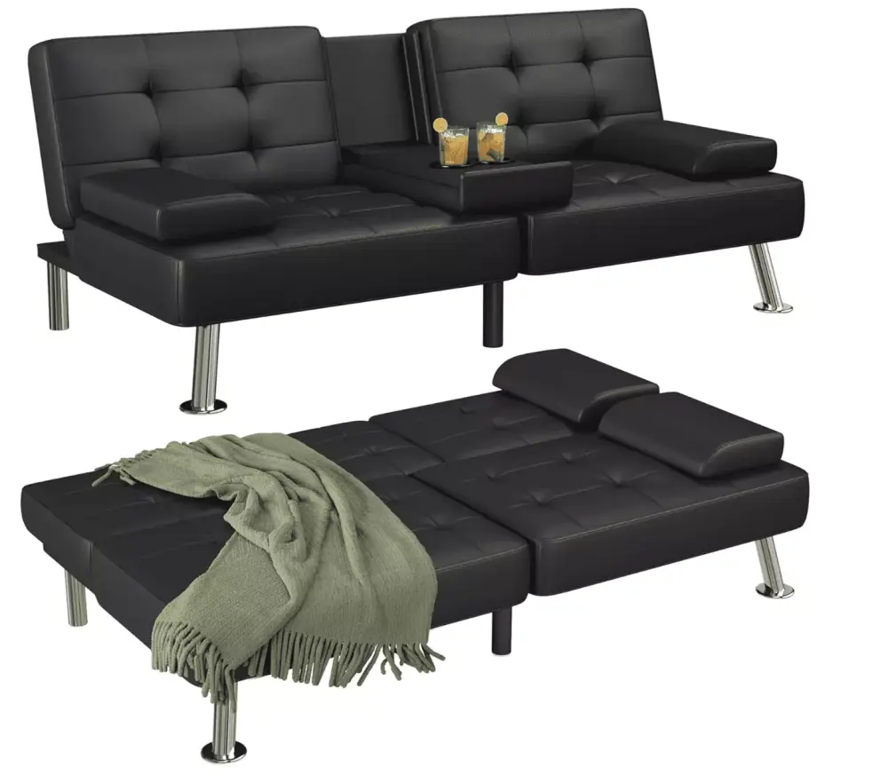 Flamaker Modern Faux Leather Futon Sofa Bed with 2 Cup Holders and Armrest